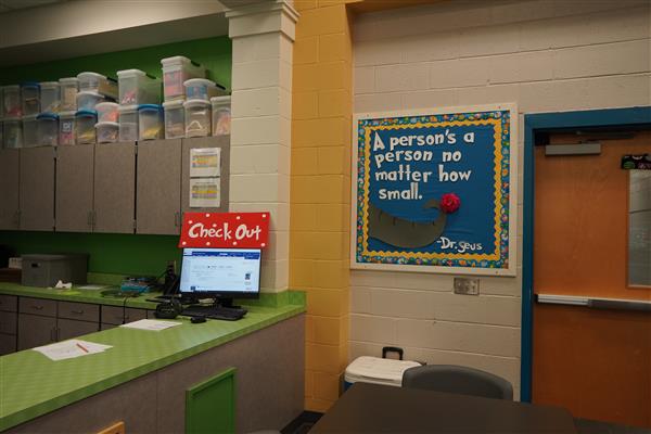 photo of Westview Elementary School's library and book check out counter