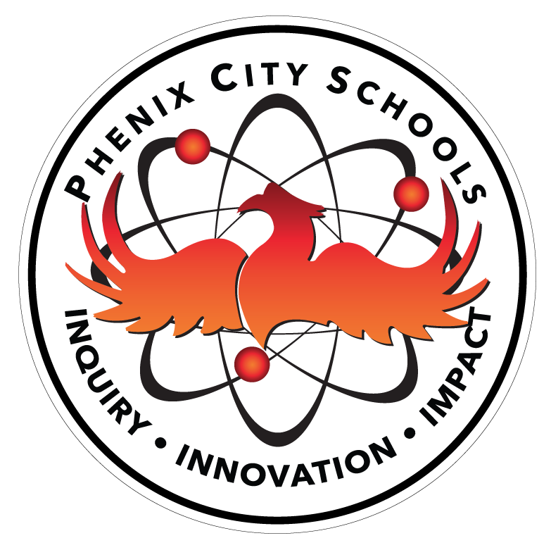 Phenix City Schools Inquiry, Innovation, and Impact, circle logo of red phoenix bird with open wings