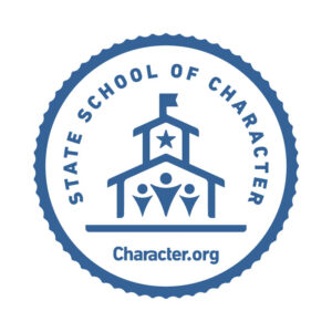  Blue circle with blue school house in middle words surrounding "State school of character"