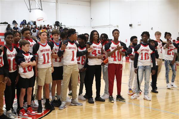 Football player introductions at the pep rally!