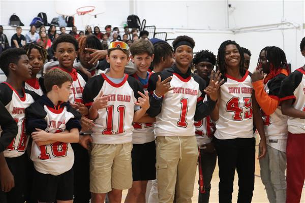 Football player introductions at the pep rally!